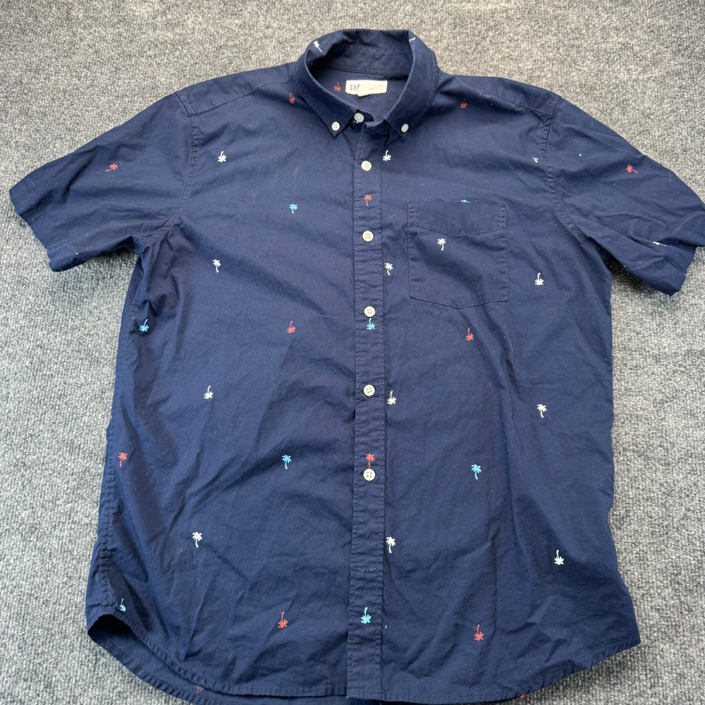 Gap Shirt Mens Medium Blue Palm Tree Print Short Sleeve Standard Fit Button Down